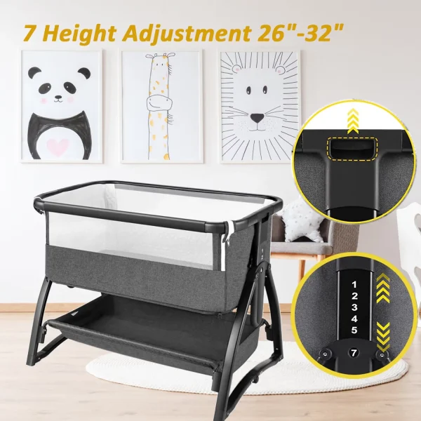 Adnoom Baby Bassinet Bedside Sleeper, Baby Bed to Babies Cradle, Adjustable 7-Level Height Portable Bed for Newborn/ Infant/ Baby Boy/ Baby Girl (Light Gray) - MadeInUSA - Image 2