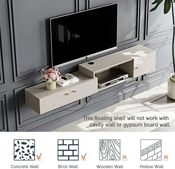 STCVF Floating TV Stand with Charging Station  16 Colors Light Wall Mounted Entertainment Center with   Media Console Center  Modern  Hanging Hutch Component Under TV  70'' - MadeInUSA - Image 6