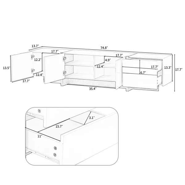 EUROCO Mid-Century Modern TV Stand Up to 80"Contemporary Rectangle ,Unique Style TV Console Table with Cabinet&High Gloss UV Surface for Living Room Bedroom - MadeInUSA - Image 6
