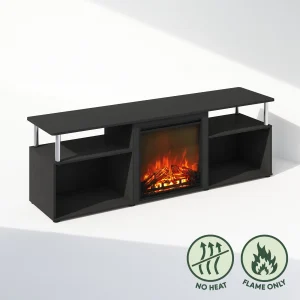 Furinno Jensen Open Storage No Heat Decorative Electric Fireplace Corner TV Stand, Entertainment Center for TV up to 70 Inch with Stainless Steel Tubes, Americano/Stainless Steel - MadeInUSA
