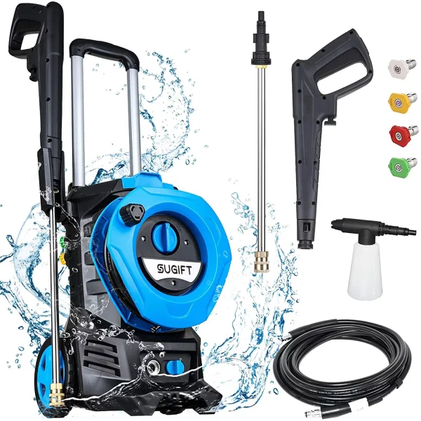 SUGIFT 3300PSI Electric Pressure Washer High Power Pressure with 4 Nozzles Foam Cannon and Hose Reel - MadeInUSA