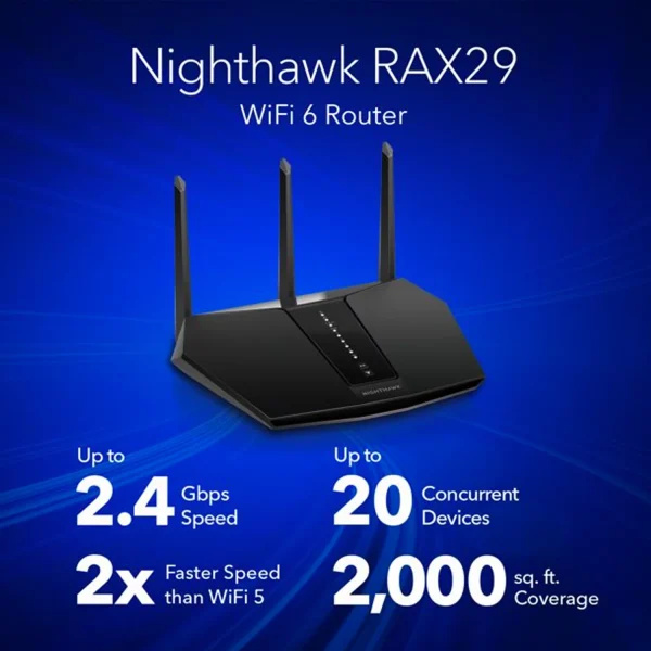 NETGEAR - Nighthawk AX2400 WiFi 6 Router, 2.4Gbps (RAX29) - MadeInUSA - Image 2