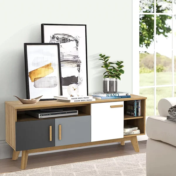 Modern TV Stand, Wood TV Console Table for TVs up to 65 Inch, Entertainment Center with 3 Storage Cabinets & 3 Open Shelves, Media Console TV Cabinet for Living Room Bedroom (Natural) - MadeInUSA - Image 3
