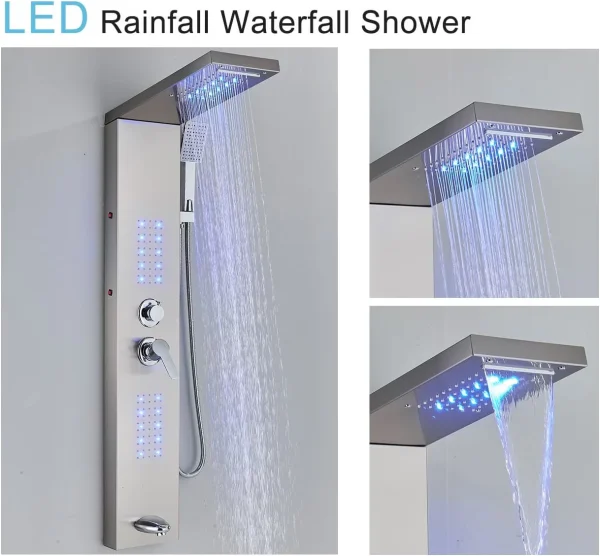 Zovajonia LED Shower Panel Tower System, 6-Functions Stainless Steel Shower Tower Waterfall ShowerheadShower Jets, Rain Shower System Brushed Nickel - MadeInUSA - Image 3