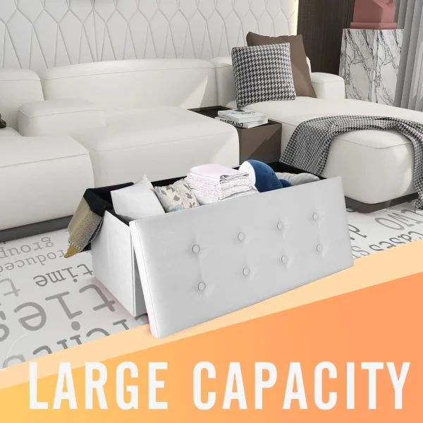 FDIGLUL - Leather look folding Bench  Folding  Ottoman - Maximum load  330 lbs -   Faux leather - Stitched and tufted finish  43.3 x 15 x 15 inch  White - MadeInUSA - Image 6