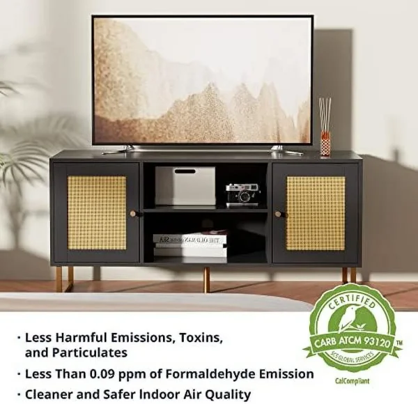 TQNLKGZ Rattan TV Stand for 50/55 inch TV  Entertainment Center with Golden Legs and Metals  Modern TV Console Table with Adjustable Shelves  TV Media Console for Living Room  Bedroom  Bl - MadeInUSA - Image 5