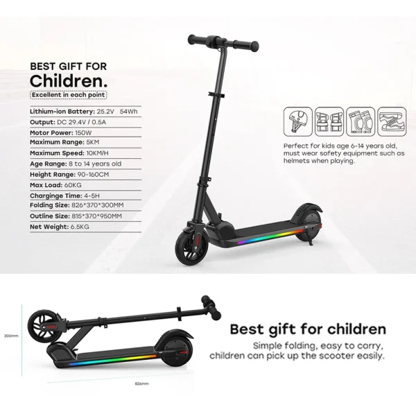Electric Scooter for Kids, Foldable Scooter with Colourful Rainbow Light and LED Display, Adjustable Speed and Height, Black - MadeInUSA - Image 8
