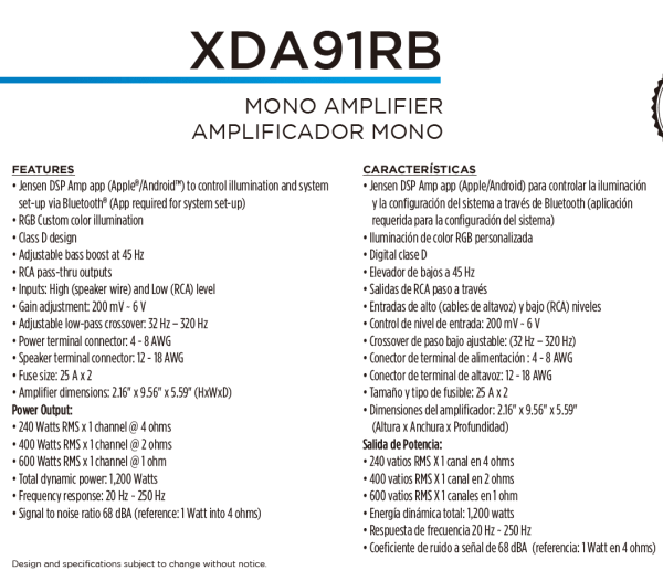 Jensen XDA91RB Class-D Mono Amplifier with 240 Watts x 1 RMS,1200 Watts Peak Power, New - MadeInUSA - Image 7