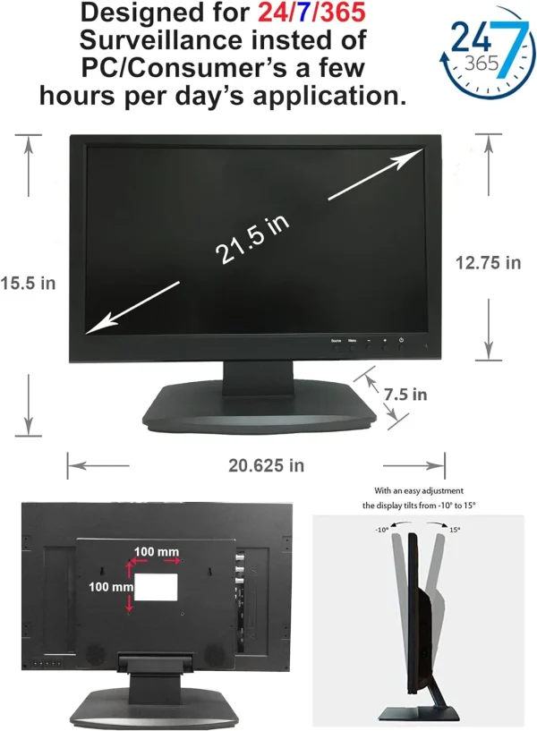 101AV 21.5 Inch HD-TVI,AHD,CVI/CVB Analog HD 16:9 LED Security Monitor 1x HDMI & 2X BNC Video Inputs CCTV DVR Home Office Surveillance System - MadeInUSA - Image 6