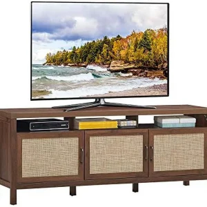 TQNLKGZ Mid-Century Modern TV Stand   Style TV Entertainment Center  TV Console Table w/3 Rattan Doors  Open   Interior Adjustable  Shelves  for TVs up to 65 Inches  Grey Oak - MadeInUSA