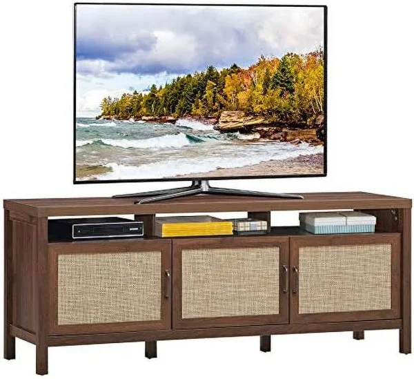 TQNLKGZ Mid-Century Modern TV Stand   Style TV Entertainment Center  TV Console Table w/3 Rattan Doors  Open   Interior Adjustable  Shelves  for TVs up to 65 Inches  Grey Oak - MadeInUSA