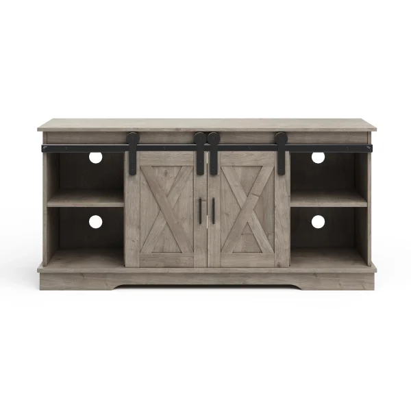 Lavish Home 65-Inch TV Stand with Sliding Barn Doors and Shelves, Gray - MadeInUSA - Image 7