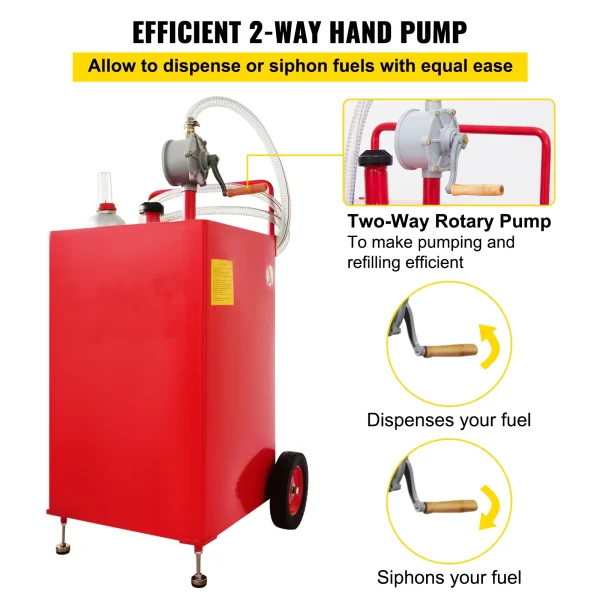 SKYSHALO Fuel Storage Tank on 2 Wheels, 30 Gallon Fuel Caddy, Portable Gas Caddy with Manuel Transfer Pump, Gasoline Diesel Fuel Container For Cars, Boats Red - MadeInUSA - Image 3
