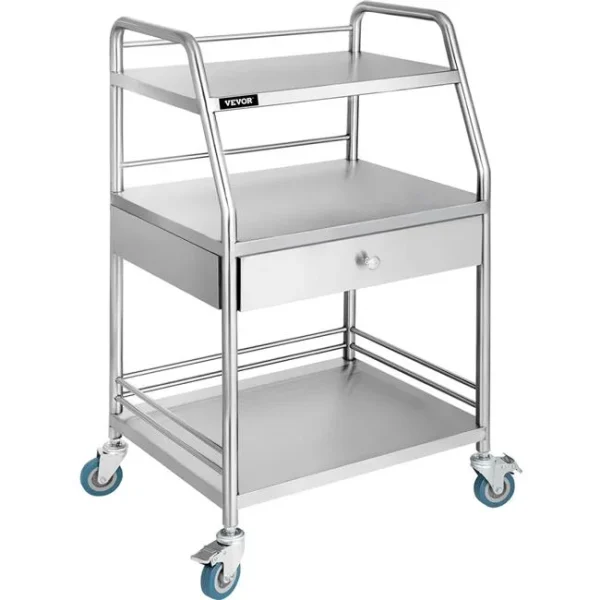 Vevor  Stainless Steel Utility Cart with 3 Shelves, Silver - MadeInUSA