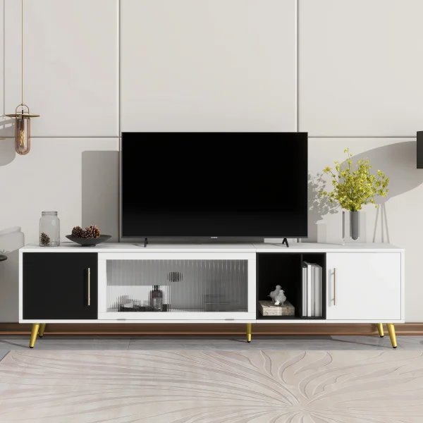 ON-TREND Stylish TV Stand with Golden Metal Handles&Legs, Two-tone Media Console for TVs Up to 80", Fluted Glass Door TV Cabinet with Removable Compartment for Living Room, White - MadeInUSA - Image 2