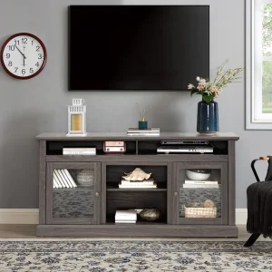 Contemporary TV Media Stand Modern Entertainment Console for TV Up to 65"with Open and Closed Storage Space, Dark Walnut/Black, 60"W*15.75"D*29"H - MadeInUSA