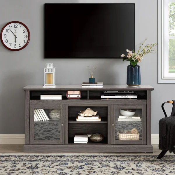 Contemporary TV Media Stand Modern Entertainment Console for TV Up to 65"with Open and Closed Storage Space, Dark Walnut/Black, 60"W*15.75"D*29"H - MadeInUSA