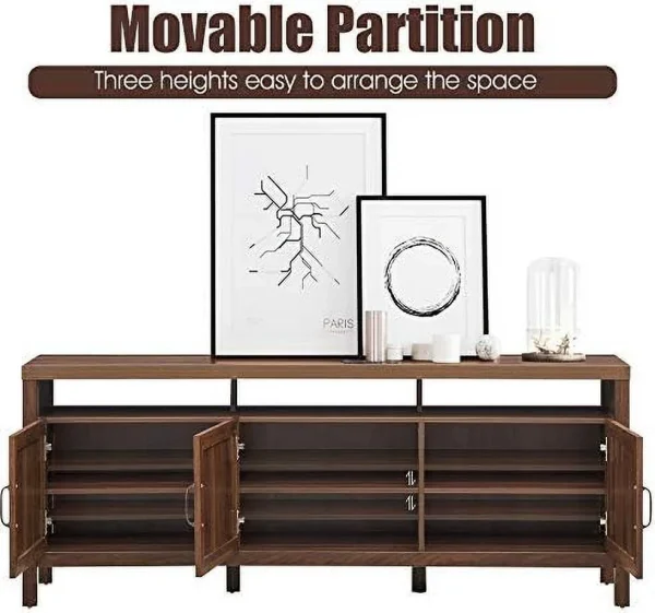 TQNLKGZ Mid-Century Modern TV Stand   Style TV Entertainment Center  TV Console Table w/3 Rattan Doors  Open   Interior Adjustable  Shelves  for TVs up to 65 Inches  Grey Oak - MadeInUSA - Image 9