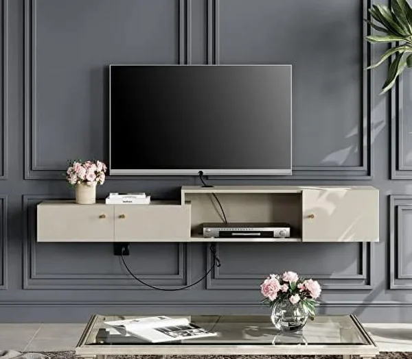 STCVF Floating TV Stand with Charging Station  16 Colors Light Wall Mounted Entertainment Center with   Media Console Center  Modern  Hanging Hutch Component Under TV  70'' - MadeInUSA - Image 9