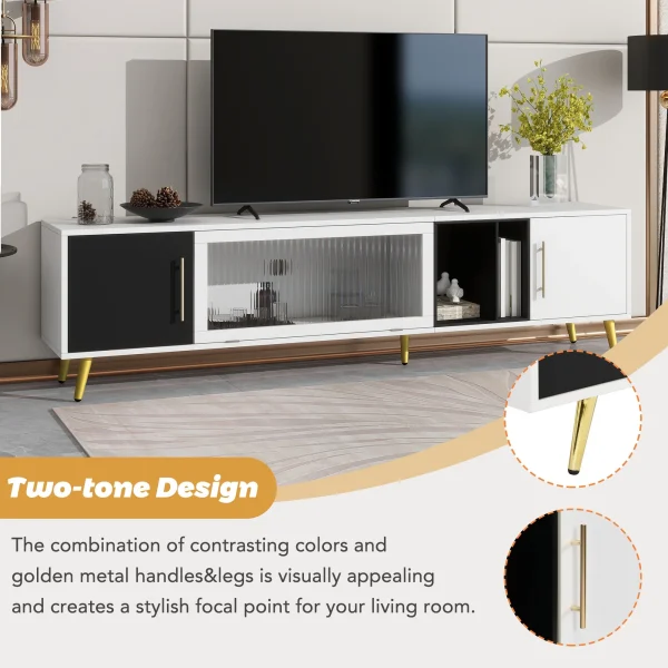 ON-TREND Stylish TV Stand with Golden Metal Handles&Legs, Two-tone Media Console for TVs Up to 80", Fluted Glass Door TV Cabinet with Removable Compartment for Living Room, White - MadeInUSA - Image 3