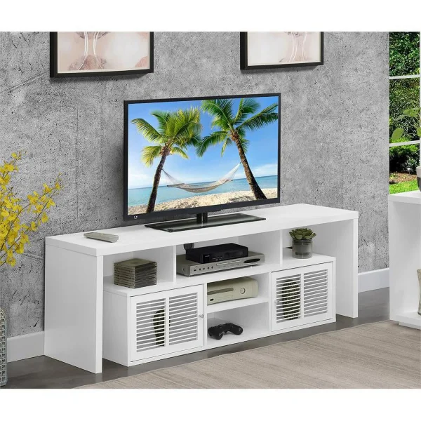 Pemberly Row 60-inch TV Stand with Storage Cabinets and Shelves in White Wood - MadeInUSA - Image 2