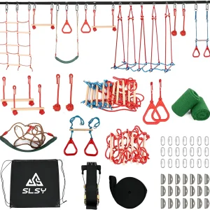 Slsy Ninja Warrior Obstacle Course for Kids, 60ft Ninja Slackline-with 10 Most Complete Accessories,Tree Protectors & Carry Bag Ninja Course for Kids Outside - MadeInUSA