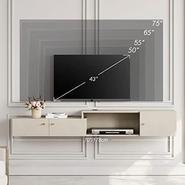 STCVF Floating TV Stand with Charging Station  16 Colors Light Wall Mounted Entertainment Center with   Media Console Center  Modern  Hanging Hutch Component Under TV  70'' - MadeInUSA - Image 3