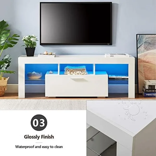 JYHOME TV Stand for 55+ 60 inch Tvs - White Morden TV Stand with LED Lights  High Glossy Entertainment Center with  Cabinet  LED Media Console Table Cabinet Desk for Living Room - MadeInUSA - Image 4
