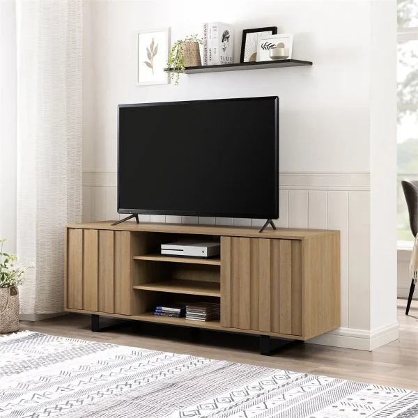 Pemberly Row 60"Modern Wood TV Cabinet with Paneled Doors - Oak / Black - MadeInUSA - Image 5
