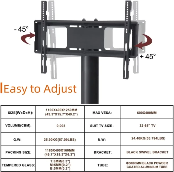 STCVF Swivel Corner Floor TV Stand with Mount for 32 37 43 47 50 55 60 65 inch  Curved Screen TVs  Adjustable 3-Tier Tempered Glass  Television Stand with Cable Management  Max VESA 600X4 - MadeInUSA - Image 4