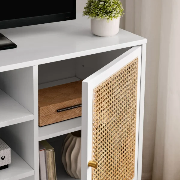 47 Inch Mid Century Modern White TV Stand with Adjustable Shelf, Rattan TV Stands, Entertainment Cabinet, Media Console for Living Room Bedroom Media Room, White Wood Finish & Metal Legs - MadeInUSA - Image 6
