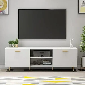 ZWNLKQG FUFU&amp;GAGA TV Stand for TV up to 65"  Modern Wood Universal Media Console with Metal Legs  2  Cabinets &amp; 2 Open Shelves  Home Living Room  Entertainment Center (White-G - MadeInUSA