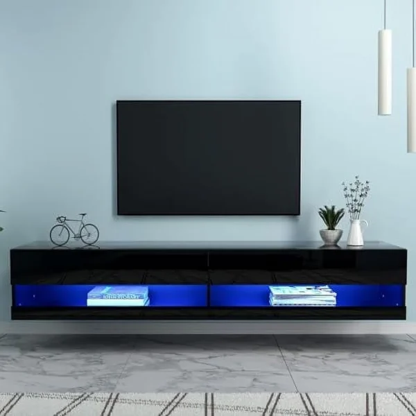 TQNJYGX Black Floating TV Stand Wall Mounted with LED Light  High Gloss LED TV Stand with   71" Modern Media Console Floating TV Cabinet for Living Room Bedroom  Black - MadeInUSA