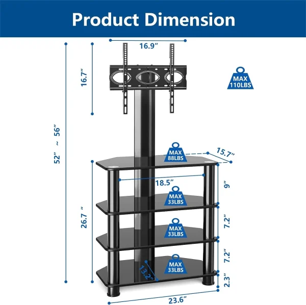 TJBOLIFE Swivel TV Stand with Mount for 32"-70" Flat Screen  Slim Corner Entertainment Floor TV Mount with 4-Tier Tempered Glass Media Shelves  Height Adjustable and Cable Managem - MadeInUSA - Image 3