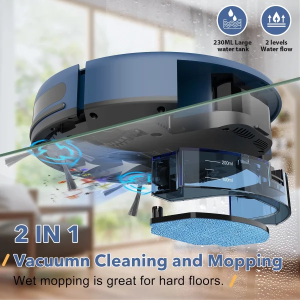 Robot Vacuum Cleaner, Robot Vacuum and Mop Combo Compatible with Alexa/WiFi/App, Self-Charging, 230ML Water Tank for Pet Hair, Hard Floors and Low Pile Carpet (Blue) - MadeInUSA - Image 3