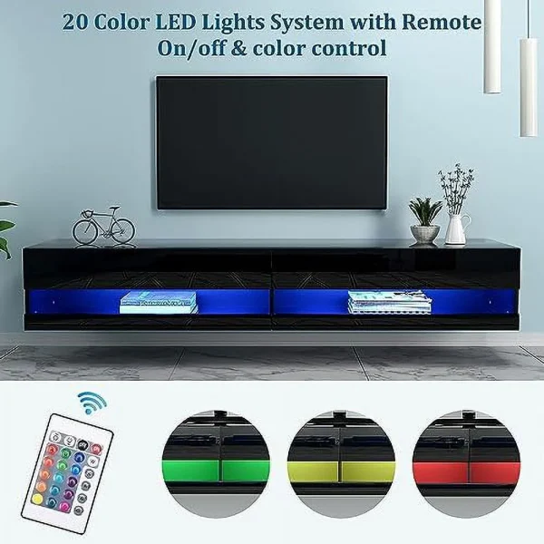 TQNJYGX Black Floating TV Stand Wall Mounted with LED Light  High Gloss LED TV Stand with   71" Modern Media Console Floating TV Cabinet for Living Room Bedroom  Black - MadeInUSA - Image 3