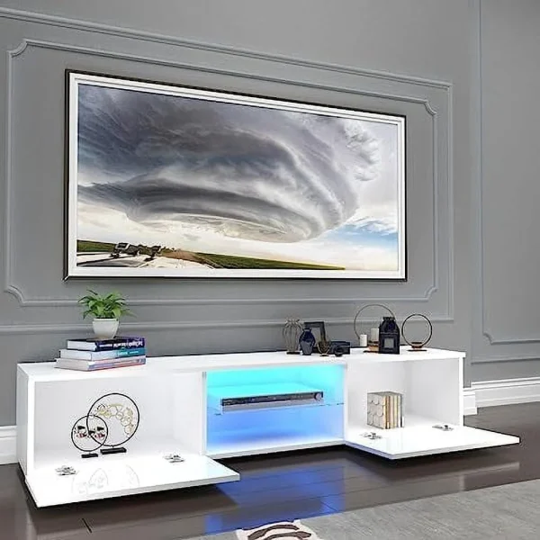 TQNLKGZ White LED TV Stand for Living Room  65 Inch Modern Television Stand  Entertainment Center Media Console with  Bookshelves - MadeInUSA - Image 5