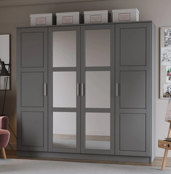 Palace Imports Cosmo Gray 4 Mirrored Door Wardrobe With 2 Shelves - MadeInUSA