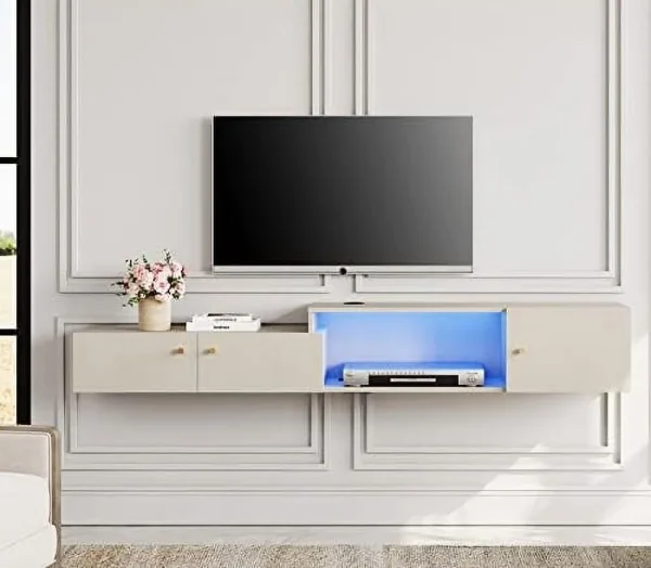 STCVF Floating TV Stand with Charging Station  16 Colors Light Wall Mounted Entertainment Center with   Media Console Center  Modern  Hanging Hutch Component Under TV  70'' - MadeInUSA - Image 8