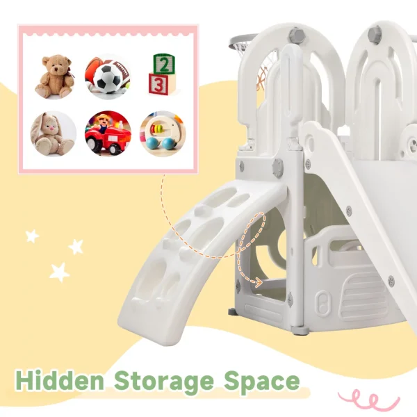 Toddler Slide and Climb Set, 4 in 1 Kids Climber Slide with Basketball Hoop and Storage Space, Freestanding Combination Slide with Armrest for Children Teens Boys Girls - MadeInUSA - Image 7