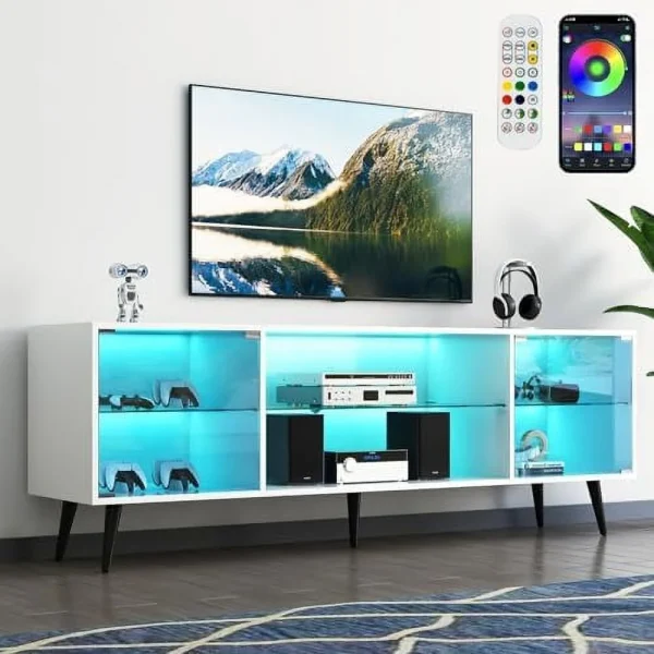 NLTBONNIE 70 Inch LED TV Stand for 75 Inch TV  Modern Entertainment Center with LED Light  High Gloss White TV Console Table with  Cabinets and Open Shelves for Living Room  Bedroom - MadeInUSA