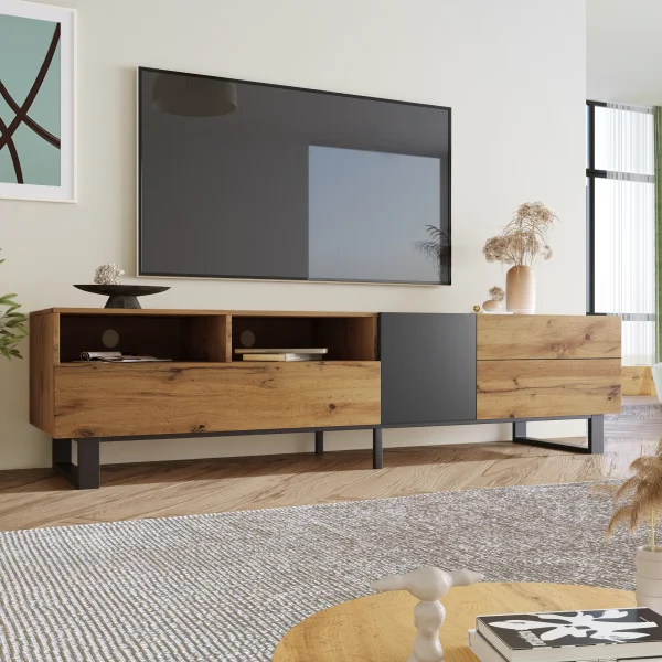 Modern TV Stand for 80'' TV with Double Storage Space, Media Console Table, Entertainment Center with Drop Down Door for Living Room, Bedroom, Home Theatre - MadeInUSA - Image 8