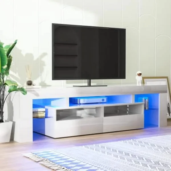 JDZHAPPYLIFE LED TV Stand for 50/55/60 inch TV  High Glossy Modern Entertainment Center with Drawer and Led Lights  Television Table Media Console for Living Game Room Bedroom  Black - MadeInUSA - Image 2