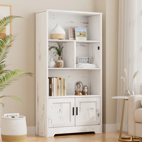 Homhougo—Wood Bookcase with Doors White Bookshelf with LED Lights Modern Storage Rack 3 Shelf Standing Bookshelves Large Display Shelf Unique Book Shelf for Bedroom, Living Room, Home Office - MadeInUSA