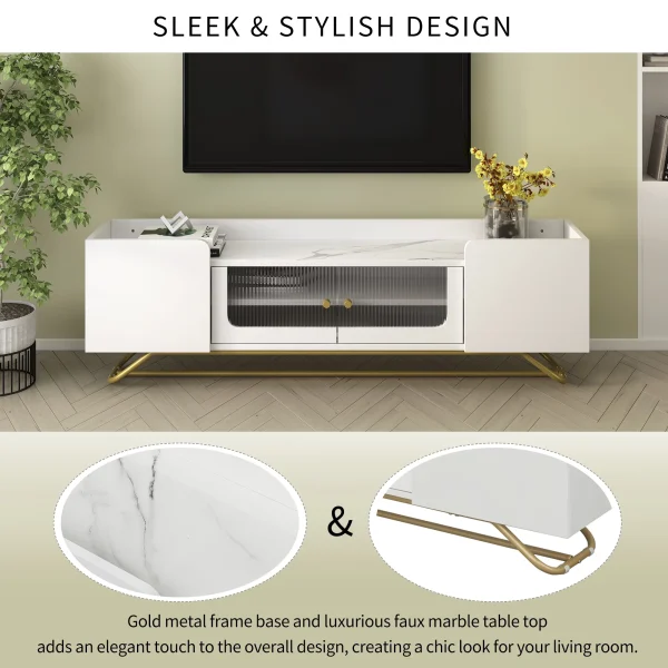 Sleek Design TV Stand with Fluted Glass, Contemporary Entertainment Center for TVs Up to 65", Faux Marble Top TV Console Table with Gold Frame Base, White - MadeInUSA - Image 6