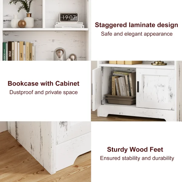 Homhougo—Wood Bookcase with Doors White Bookshelf with LED Lights Modern Storage Rack 3 Shelf Standing Bookshelves Large Display Shelf Unique Book Shelf for Bedroom, Living Room, Home Office - MadeInUSA - Image 2