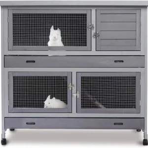 Rabbit Hutch Indoor&Outdoor with Wheels/2.6 Deep Plastic Trays/Chew Proof/Ramp, Large Cage for Guinea Pigs/Bunny with 2 Floors Separable&4 Lockable Doors, Weatherproof, Grey, 41.3 L*17.3 W*41.3 H - MadeInUSA