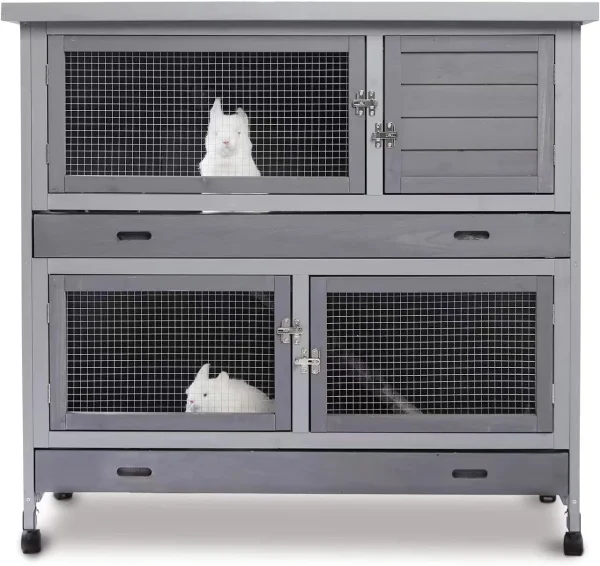 Rabbit Hutch Indoor&Outdoor with Wheels/2.6 Deep Plastic Trays/Chew Proof/Ramp, Large Cage for Guinea Pigs/Bunny with 2 Floors Separable&4 Lockable Doors, Weatherproof, Grey, 41.3 L*17.3 W*41.3 H - MadeInUSA