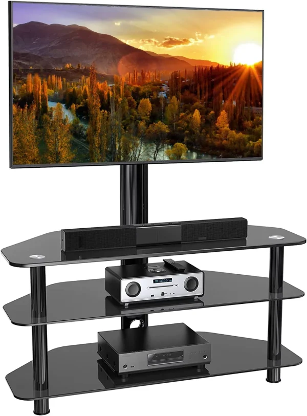 TJBOLIFE Swivel Corner Floor TV Stand with Mount for 32 37 43 47 50 55 60 65 inch Flat Curved Screen TVs  Adjustable 3-Tier Tempered Glass  Television Stand with Cable Management  Max VES - MadeInUSA