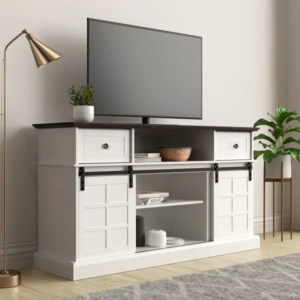 U-SHARE TV Stand for 65 inch TV, White Entertainment Center, Farmhouse TV Stands with Sliding Barn Door, Tall TV Console and Ideal Media Storage with Flip Drawers for Living Room - MadeInUSA